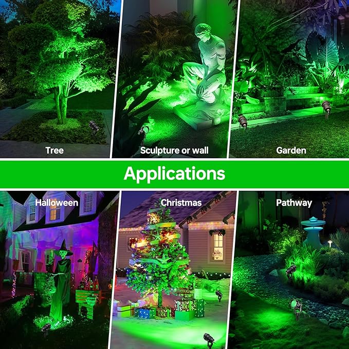 Green Outdoor LED Spot Lights for Yard & Garden – 12W Landscape Lighting, Christmas & Holiday Decor, Adjustable Beam,4Pack
