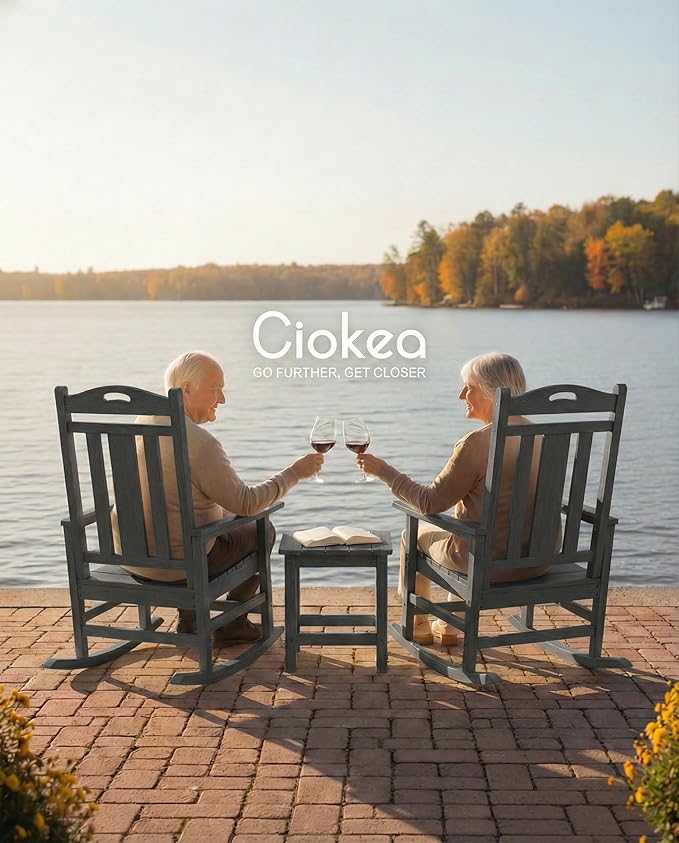 Ciokea Oversized Outdoor Rocking Chair, 380lbs Heavy-Duty Large Patio Rocker, Weather Resistant & Anti-Fade Porch Chair, High Back Cozy Rocking Chair for Outside, Fire Pit, Deck, Garden, Dark Grey