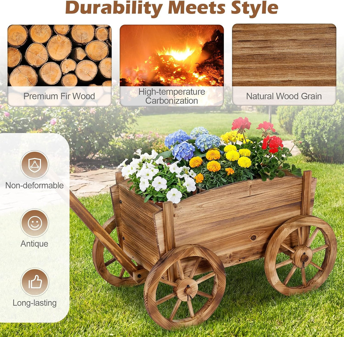 giantex wood wagon planter, rustic rolling flower pot, side view