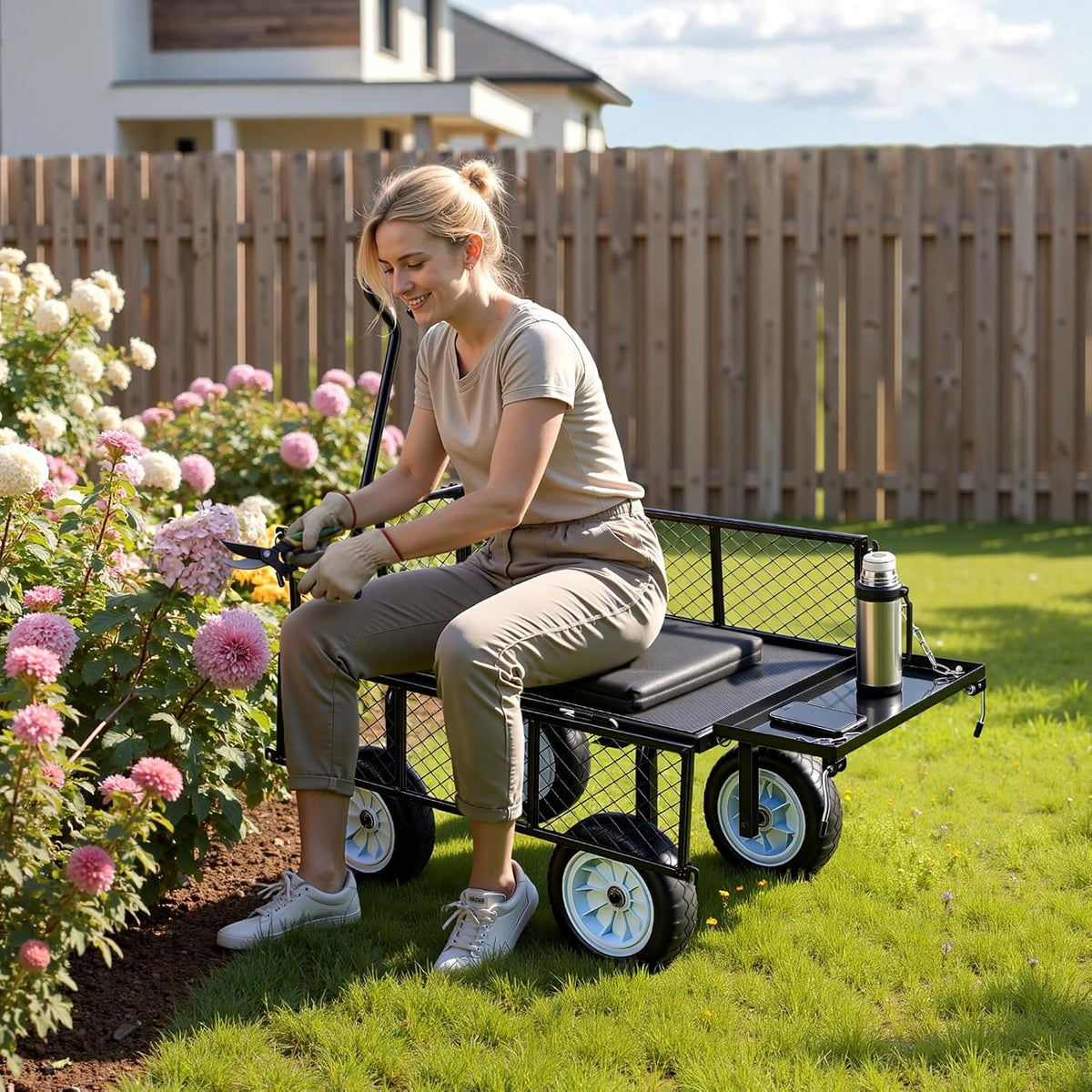 vevor 500 lbs steel garden cart with work, front angle view