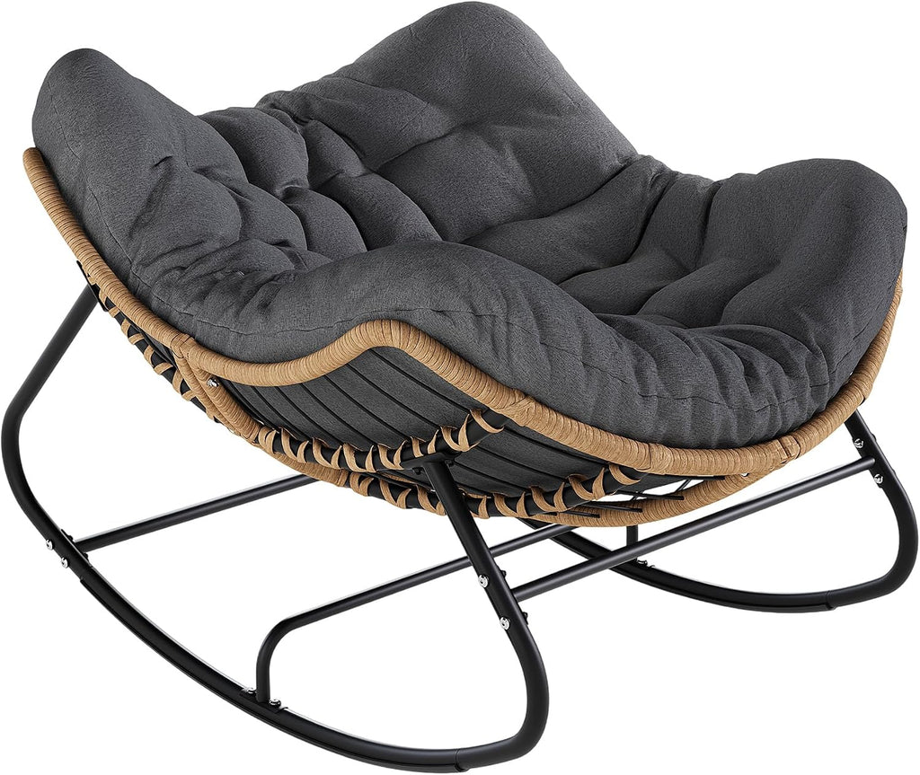 Papasan Rocking Chair, Outdoor Wicker Egg Rocker with Cushion, Grey | Comfy Oversized Reading Chair, Cozy 30°-Rock Bed with 6" Cushion, Steel Frame 450LBS Capacity for Patio Porch Lawn