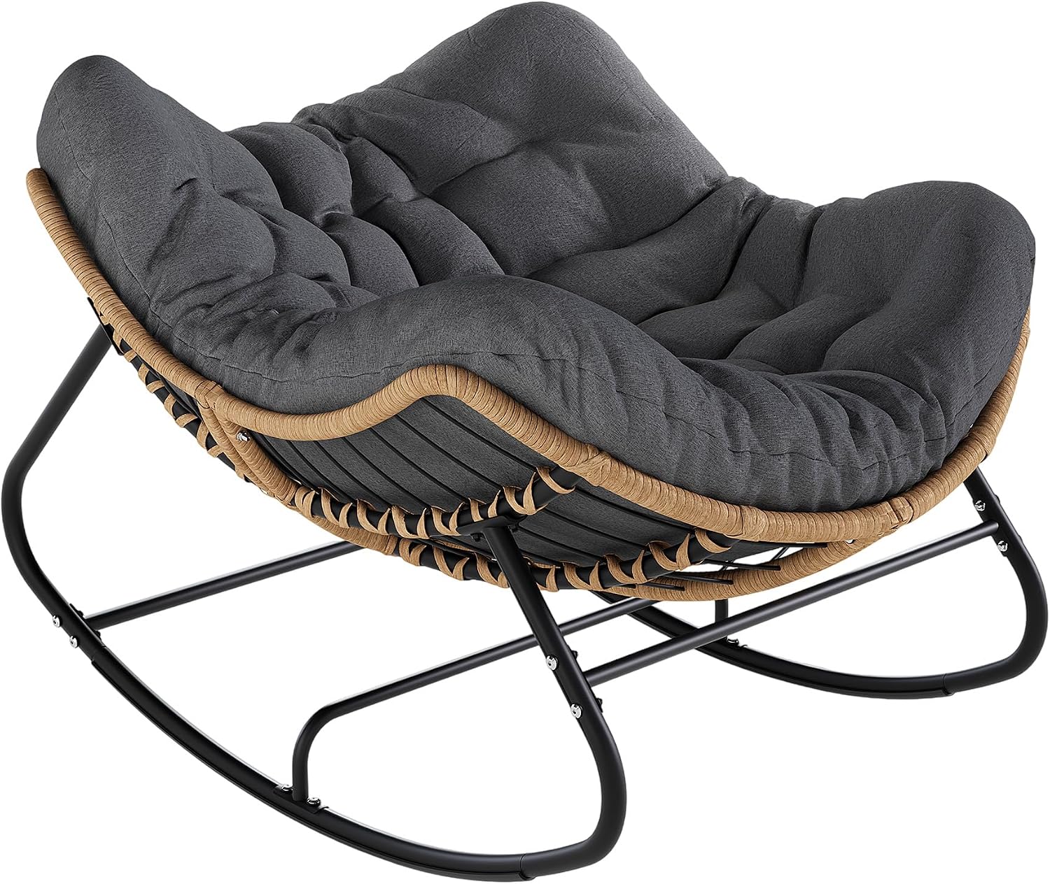 Papasan Rocking Chair, Outdoor Wicker Egg Rocker with Cushion, Grey | Comfy Oversized Reading Chair, Cozy 30°-Rock Bed with 6" Cushion, Steel Frame 450LBS Capacity for Patio Porch Lawn