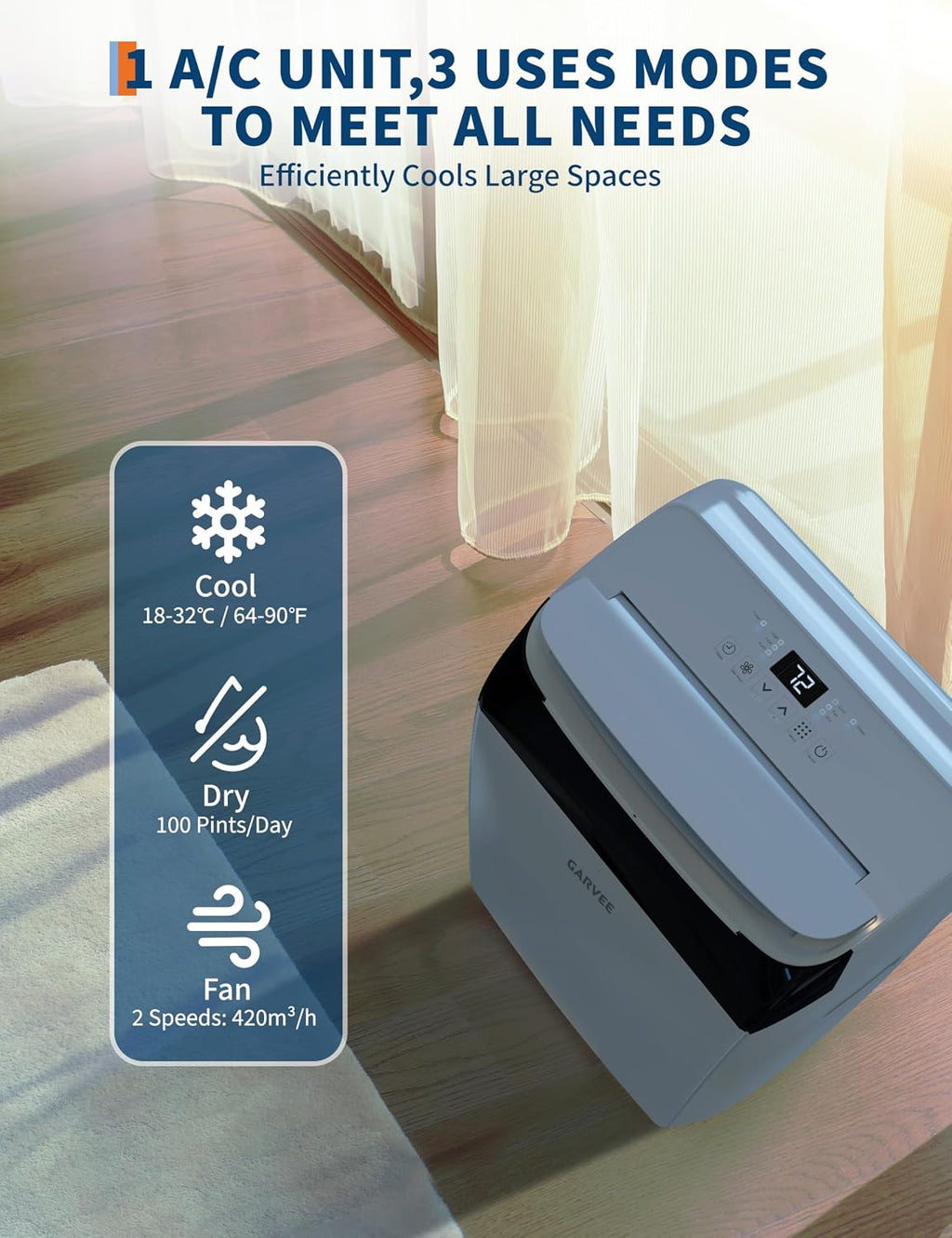 garvee 3-in-1 portable air conditioner, 14000 btu (10200, close-up detail