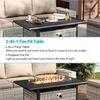 7-Piece Outdoor Patio Furniture Set with 55,000 BTU Fire Pit Table, PE Wicker Rattan Sectional Sofa Patio Conversation Set with Thickened Cushions & Coffee Table, Sand