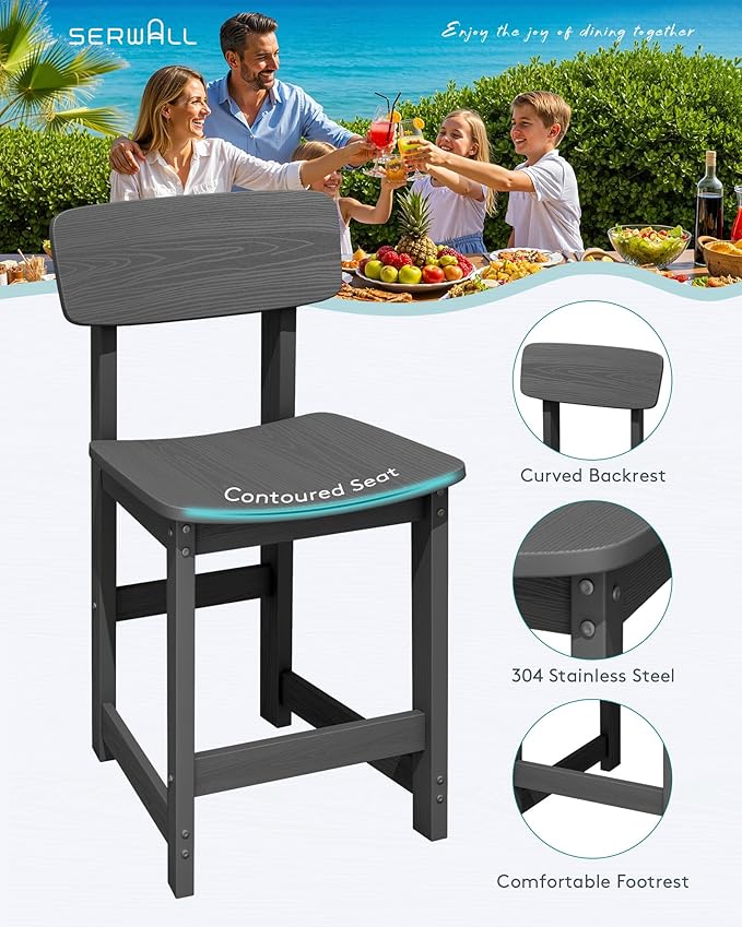 SERWALL 3-Piece Outdoor Counter Height Bar Set, HDPE Patio Bar Table with Wine Rack & Storage Shelf, 2 All-Weather Bar Stools, Patio Bar Dining Furniture Set for 3, Grey