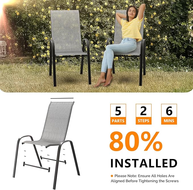 VINGLI Patio Chairs Set of 8 – Stackable Outdoor Dining Chairs with Comfortable Sling High Back Chairs and Armrests for Lawn, Poolside, Courtyard, Balcony, Garden, Silver Gray