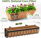 Railing Planter Boxes, 30 Inch Window Boxes Planters, Balcony Planters with Adjustable Brackets & Coco Liner & Support Rod for Outdoor Fence, Deck, Porch, and Patio Gardening, 3 Pack