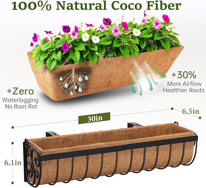 Railing Planter Boxes, 30 Inch Window Boxes Planters, Balcony Planters with Adjustable Brackets & Coco Liner & Support Rod for Outdoor Fence, Deck, Porch, and Patio Gardening, 3 Pack