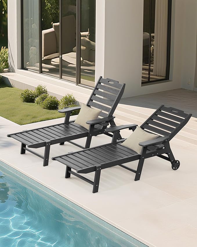 Carauci Lounge Chair Outdoor Set of 4, HDPE Chaise Lounge with Wheels, 5-Position Adjustable Backrest & 2 Cup Holders Patio Lounge Chair, All-Weather Pool Sun Lounger for Poolside, Backyard, Black