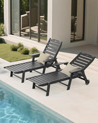 Carauci Lounge Chair Outdoor Set of 4, HDPE Chaise Lounge with Wheels, 5-Position Adjustable Backrest & 2 Cup Holders Patio Lounge Chair, All-Weather Pool Sun Lounger for Poolside, Backyard, Black