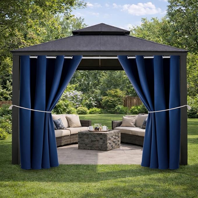 Water Proof Outside Curtains with Grommet Top for Porch, W52 x L132 Thermal Insulated Washable Light Block Outdoor Divider Drapes for Patio Gazebo Deck Pool Area Pergola Cabana (Navy)