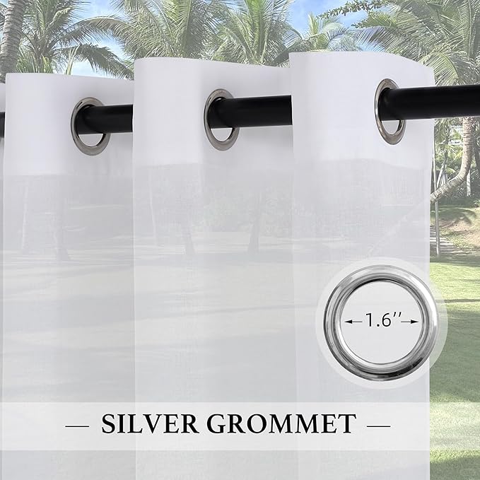 RYB HOME 2 Panels Porch Curtains Outdoor - Linen Look White Sheer Drapes Waterproof, Sun Light Glare Filter Panels for Outside Wedding Lanai Patio Balcony Terrace, W 54 x L 120 inch