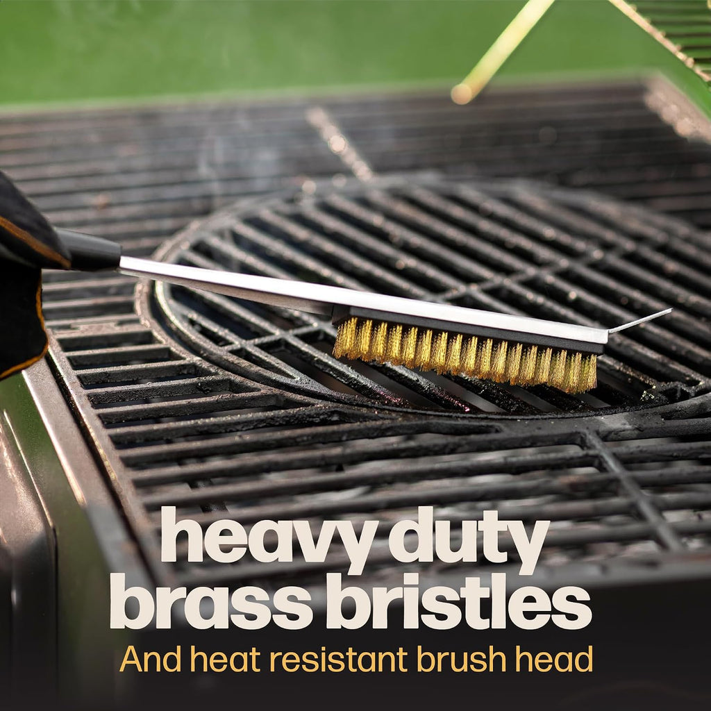 Hans Grill 2-in-1 Pizza Oven Brush & Scraper | Dual-Purpose Pizza Stone Brush Scraper with Stainless Steel Head | Outdoor Oven Cleaning Accessories, Stone Cleaner, Essential Cooking Tools. | Dual Purpose Pizza Stone Cleaning Brush and Scraper, Brass