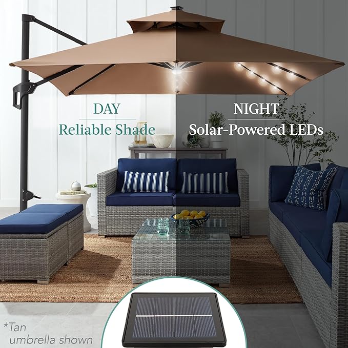 Best Choice Products 10x10ft Cantilever Patio Umbrella w/Base Included, Solar LED Lights 360 Rotation Large Offset Hanging Outdoor Shade for Deck Pool Backyard w/Stand – Baby Blue