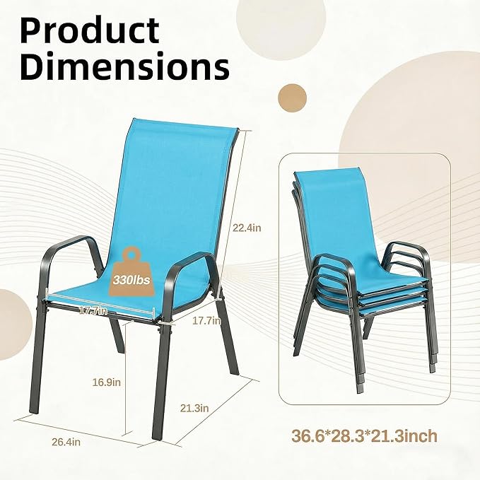 MAMIZO Patio Dining Chairs, Stackable All Weather Teslin Chair, Heavy Duty Outdoor Breathable Chairs Set, w/Armrests, Upgraded Chair FeetW/Strenthened Iron Spacers, 330 LBS (8, Turquoise Blue)