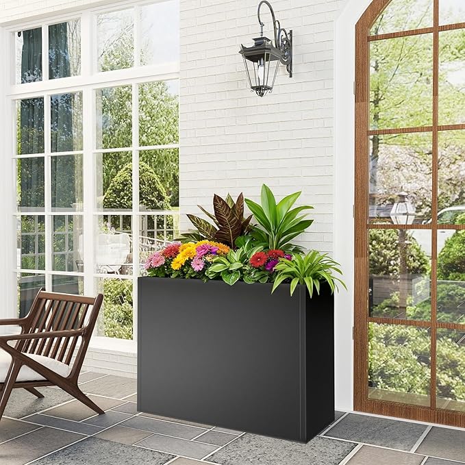 Metal Large Planter Box 38" L x 13" W x 30" H, Heavy Duty Tall Rectangle Outdoor Planter Box with Removable Insert Shelves for Porch, Garden, Patio, Yard (Black)