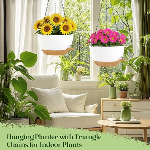 2 Pack 10 Inch Self Watering Hanging Planters for Indoor Plants, Large White Brown Plastic Hanging Pots with Chains for Outdoor Patio Garden Home Decor (White Brown)