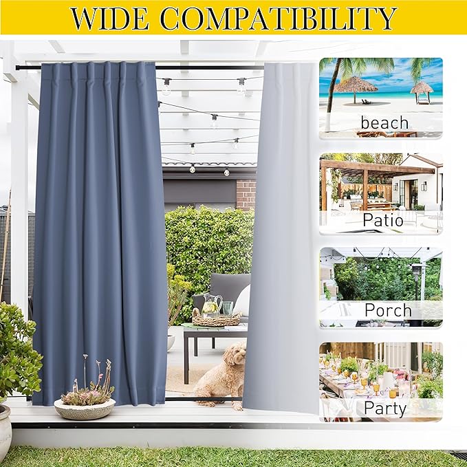 NICETOWN 2 Panels Outdoor Curtains Waterproof Pocket & Back Tab on Top & Bottom, Thermal Insulated Windproof Sun Blocking Outside Privacy Drapes for Patio with Fixed Rope, W84 x L84, Stone Blue
