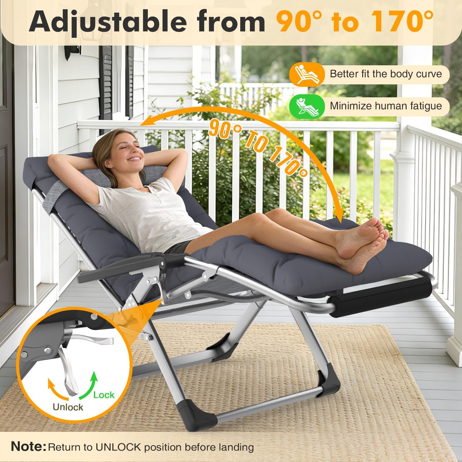 Slendor Oversized Zero Gravity Chairs XXL, 33In Recliner Chair, Dark Gray | Reclining Lounge Chair, Folding Anti Gravity Chairs w/Aluminum Alloy Lock, Removable Cushion&Headrest, 500lbs, for Lawn Patio