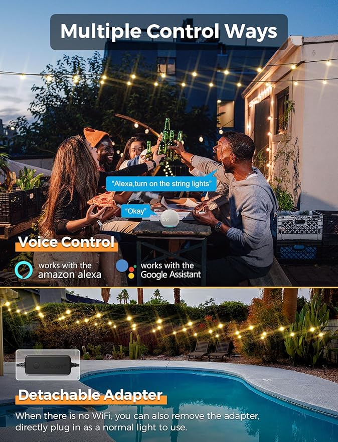 XMCOSY+ Patio Lights, Smart 50Ft Outdoor String Lights with 25 Dimmable G40 Globe Bulbs, APP Control, Work with Alexa, Connectable Waterproof LED Outdoor Light