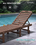 SERWALL Patio Chaise Lounge, HDPE Outdoor Lounge Chair with Cup Holder, 5 Positions Adjustable Poly Lounger with Rolling Wheels for Poolside, Deck, Sunbathing, Brown