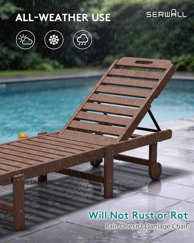 SERWALL Patio Chaise Lounge, HDPE Outdoor Lounge Chair with Cup Holder, 5 Positions Adjustable Poly Lounger with Rolling Wheels for Poolside, Deck, Sunbathing, Brown