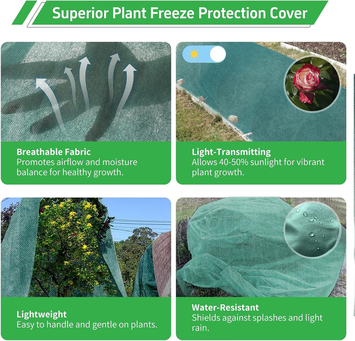 plant covers freeze protection, 10x50ft green frost blanket, package contents