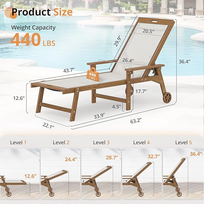 LUE BONA Chaise Lounge Chair Outdoor Set of 4, HDPS and HDPE Wicker Chaise Lounger with 5 Positions, Pool Lounge Chairs with Wheels and Adjustable Backrest for Patio, Poolside, Deck, Backyard
