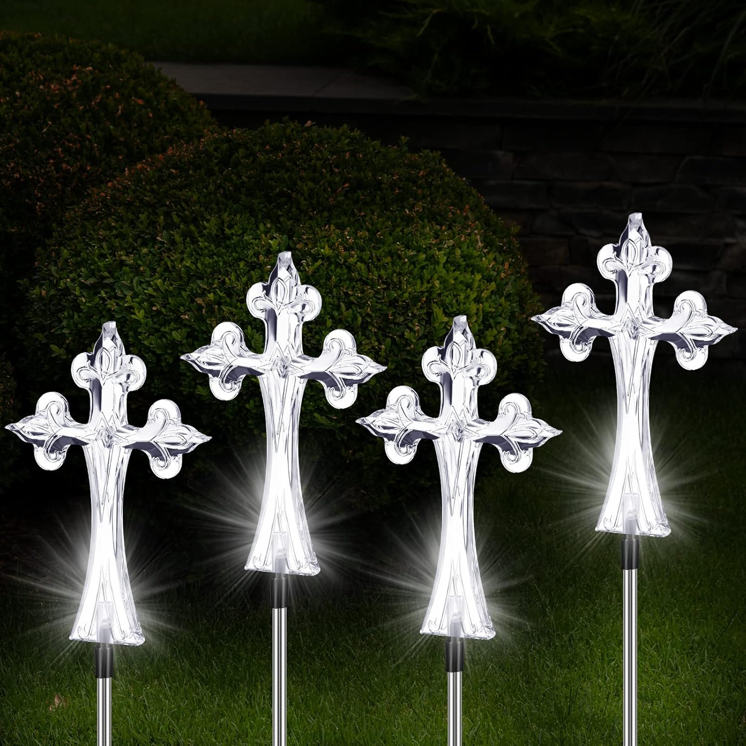 Riakrum 4 Piece Solar Cross for Cemetery Grave Grave Crosses for Cemetery Memorial Stake Solar Lights Waterproof Outdoor Garden Stake Cemetery Cross for Grave Yard Decorations, 16 Inches Long