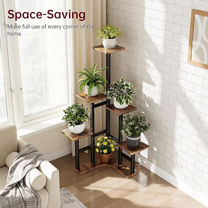 Corner Plant Stand Indoor, 6 Tiered Corner Plant Shelf Flower Stand for Multiple Plants, Plant Shelves Organizer Rack for Living Room, Balcony, Patio, Garden, Square Rustic Brown