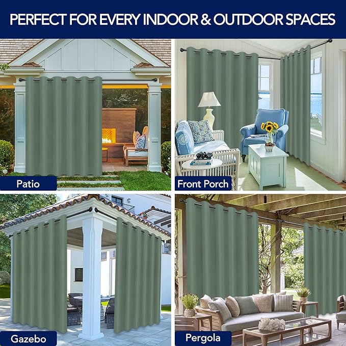 PureFit Outdoor Curtains for Patio Waterproof Weatherproof, UV Resistant Outside Curtains for Gazebo, Front Porch, Pergola, Sun Blocking Privacy Curtain, 100W x 95L inch, 1 Panel, Sage Green
