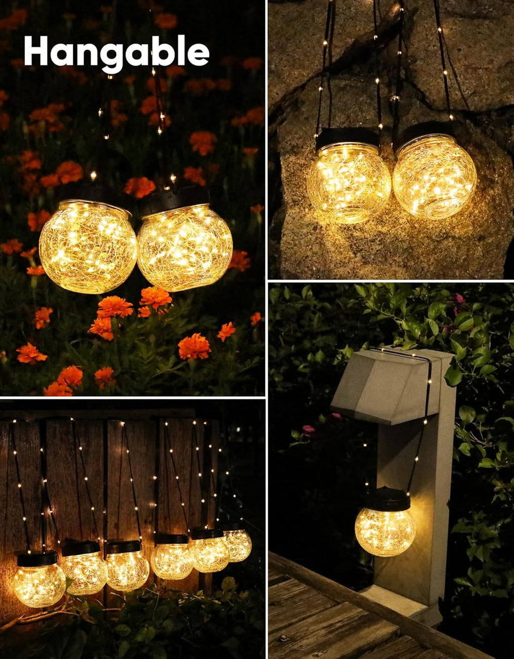 Solar Lights Outdoor Waterproof 24-Pack, Solar Powered Hanging Lantern Cracked Glass Hanging Globes for Yard Decor Christmas Decoration, Shepherd Hook, Garden Tree Table Ornaments, Warm