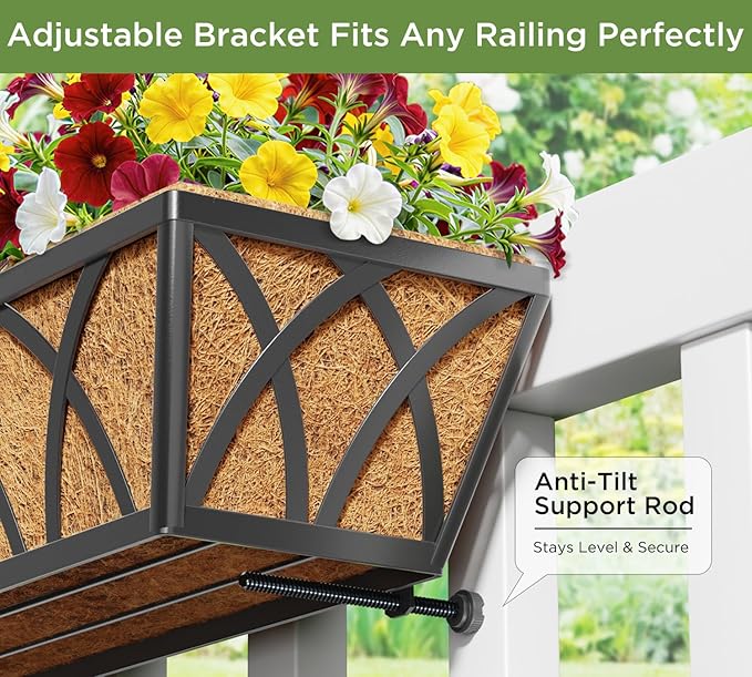 24 Inch Window Deck with Coco Liner, 24" Window Boxes Horse Trough with Coconut Coir Liner, Fence Metal Hanging Flower Planter Window Basket Deck Railing Planter Boxes for Outdoor Garden Lawn, 4pcs