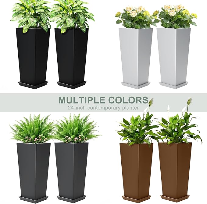 24" Tall White Planters for Outdoor Plants Set of 2, Large Flower Pots Planters with Drainage Holes & Tray, Modern Indoor Tapered Tall Planter for Front Porch
