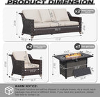Joyside Wicker Patio Furniture Sets, 5 Pieces Upgraded Large Size Outdoor Furniture with Patio Dining Chair, Two 3-Seat Sofa, Fire Table,Thick Cushions, Wide Armrest, Beige