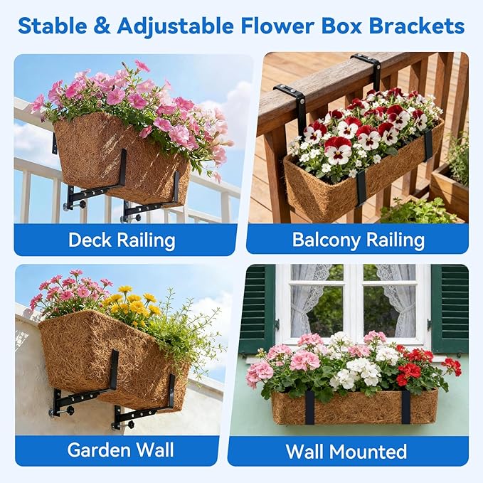 Halatool 4-Pack Heavy Duty Window Box Bracket, Adjustable Wall Mount Planter Holder for Outdoor Window Flower Boxes on Balcony, Porch, Fence, Patio and Garden