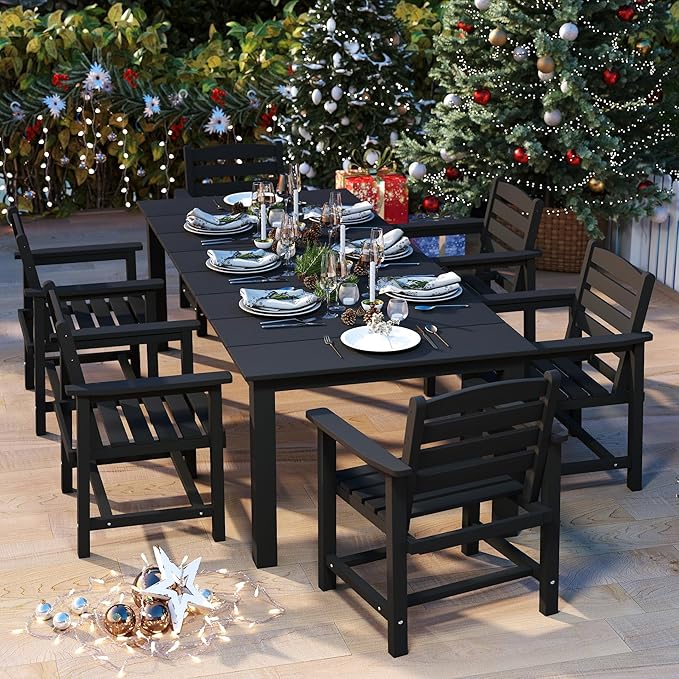 7-Piece Black Outdoor Dining Set for 6, 75.2'' HDPE Table with Umbrella Hole & Chairs, Weather-Resistant Patio Furniture for Garden, Lawn, or Poolside