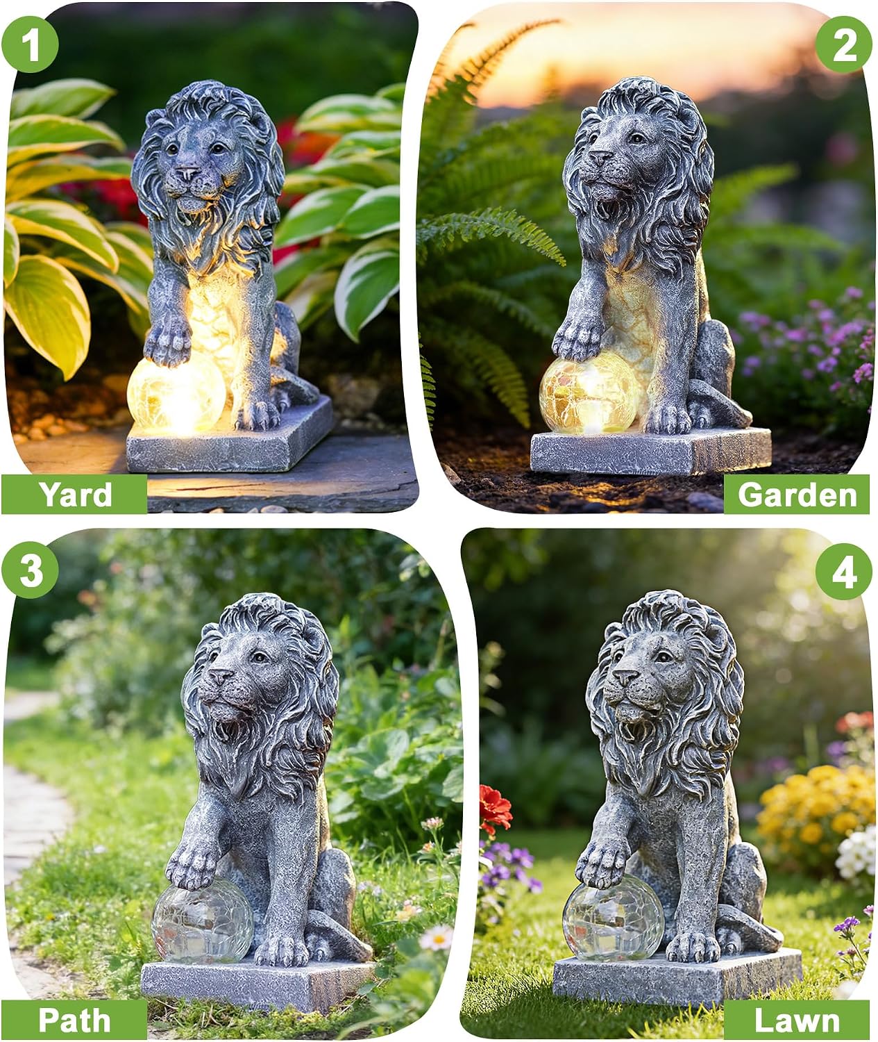 Guardian Lion Outdoor Statues for Garden with Solar Ball (Grey) | 9.45in IP65 Waterproof,Outside Decor, Yard Art Lawn Ornaments, Porch Patio Balcony Home House, Gifts for Mom Grandma Women
