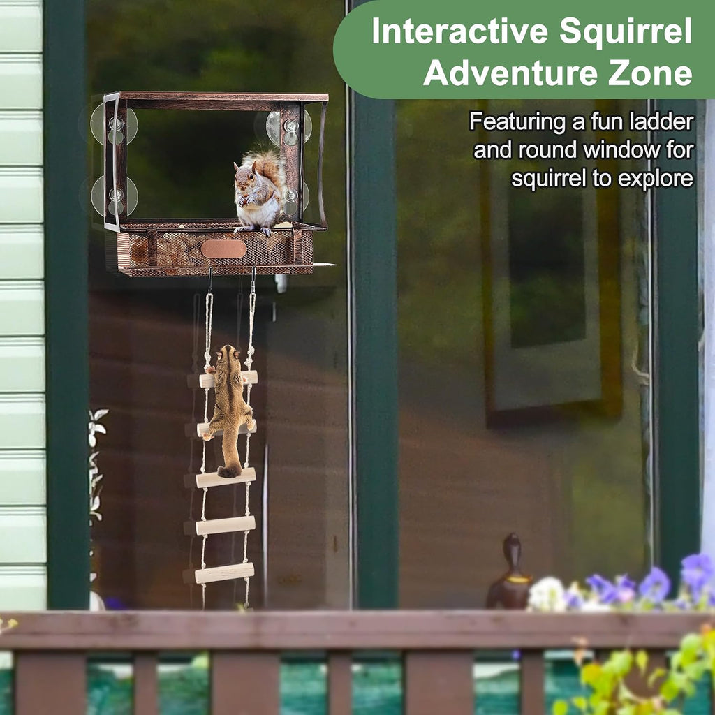 Window Squirrel Feeder, Metal, Strong Suction Cups & Ladders | Squirrel Feeders for Outside Winter, Safe Funny Chipmunk Feeder, Feeding Shelter for Squirrels for Corn Peanuts