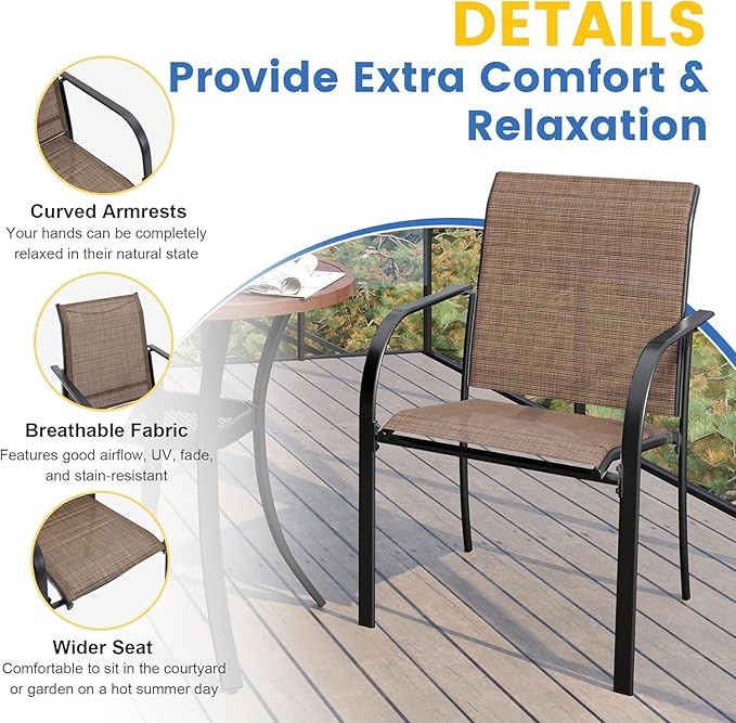 VICLLAX Patio Dining Set for 6, Outdoor Furniture Set Includes 47.2" Round Patio Table and 6 Patio Sling Chairs, Black Tabletop and Brown Fabric