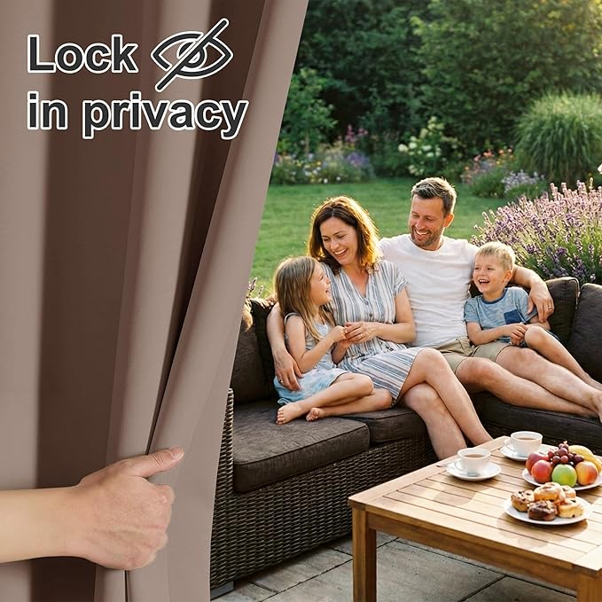 RYB HOME Outdoor Curtains for Patio Waterproof Block Sunlight Thermal Insulated Privacy Assured Thick Outside Curtains for Pergola, Deck, Gazebo, W52 x L90, Mocha, 1 Panel