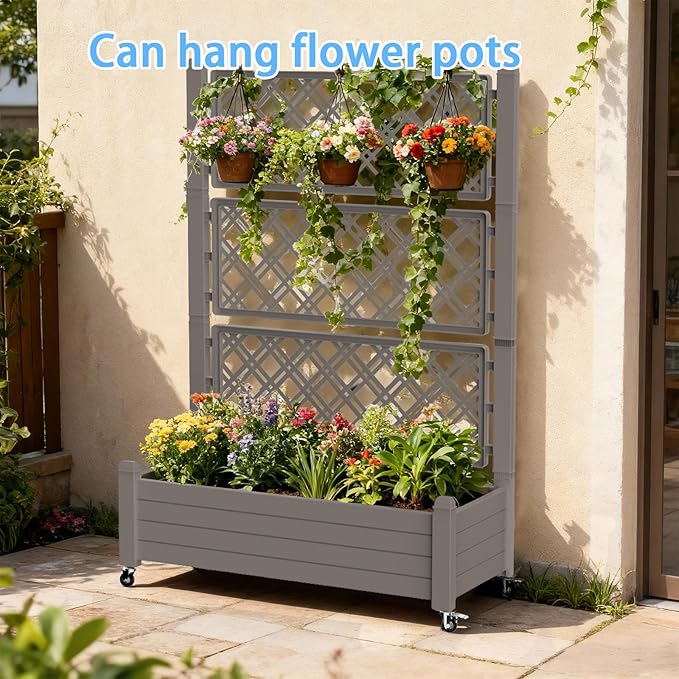 Mobile Garden Planter with Trellis & Lockable Wheels, Outdoor Raised Bed with Drainage & Water Gauge, Weather-Resistant Resin for Patio, Balcony, Yard, Dust-Resistant (Grey, 43.43*18.27*64.29)