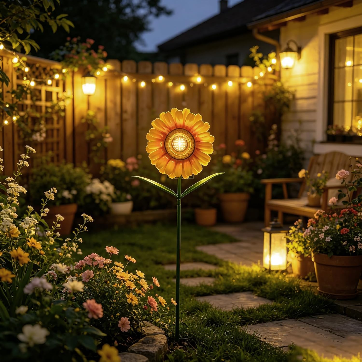 LEDs Solar Sunflowers Stake Lights for Garden Metal Warm White, Memorial Gift - Perfect as Remembrance & Sympathy Gifts (Flower)