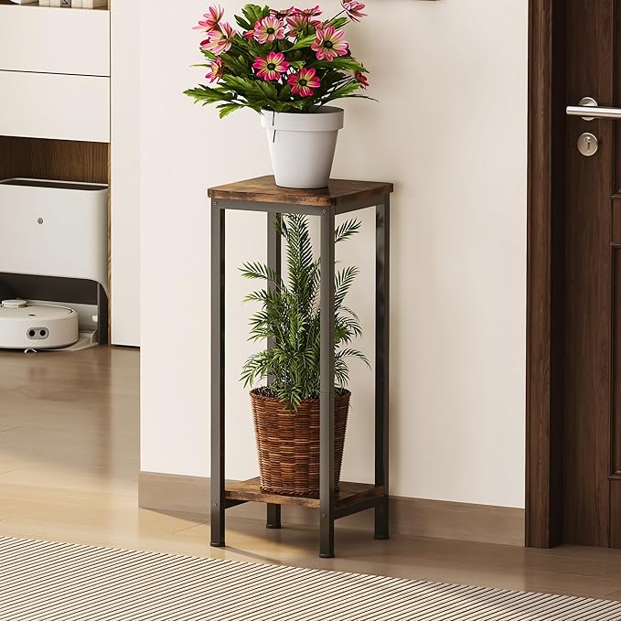 Homeiju Plant Stand Indoor, 2 Tier Wood Corner Plant Stand, Modern Square Plant Shelf Flower Stand for Living Room Patio Balcony Garden, Rustic Brown