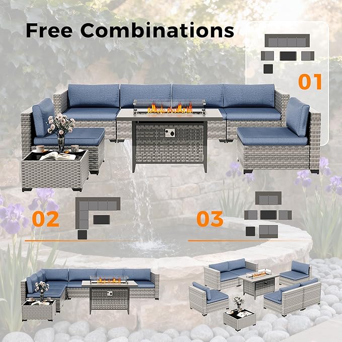 6-Seat Modern Outdoor Wicker Rattan Patio Furniture Set with 55,000 BTU Fire Pit Table, Thick 4″ Cushions, All-Weather Dual-Strand Rattan, Rust-Resistant Steel Frame,Navy
