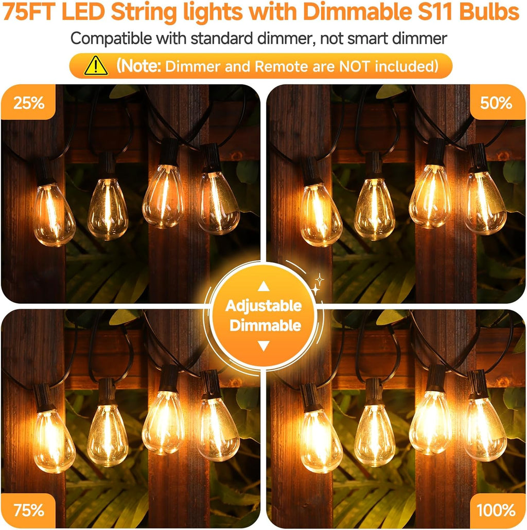 75FT LED Outdoor String Lights, Patio Light, 22+2 S11 Bulbs, Black | Plug in, Dimmer not included, Dimmable, Waterproof, Shatterproof, Connectable Hanging Lights for Backyard Porch, Warm White