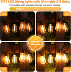 75FT LED Outdoor String Lights, Patio Light, 22+2 S11 Bulbs, Black | Plug in, Dimmer not included, Dimmable, Waterproof, Shatterproof, Connectable Hanging Lights for Backyard Porch, Warm White