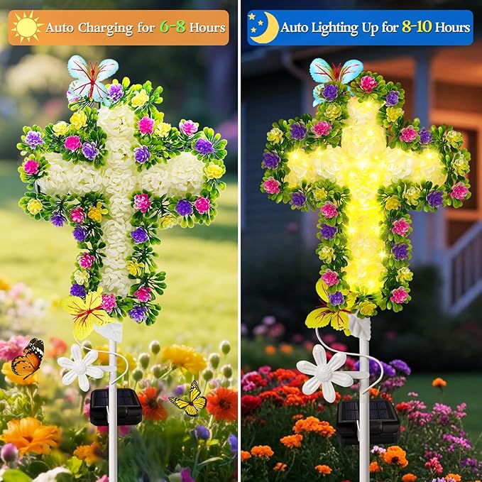 2 Pack Solar Flower Cross for Cemetery Grave, Grave Decorations for Cemetery Solar Crosses, Sympathy Memorial Gifts, for Garden Lawn Yard Patio Decor