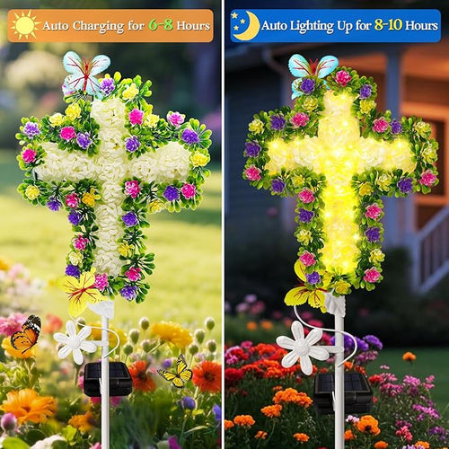 2 Pack Solar Flower Cross for Cemetery Grave, Grave Decorations for Cemetery Solar Crosses, Sympathy Memorial Gifts, for Garden Lawn Yard Patio Decor