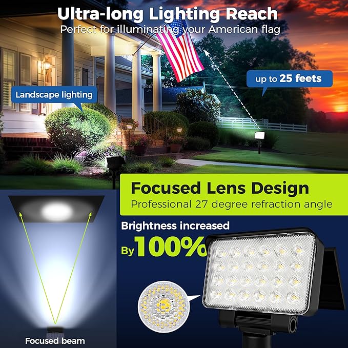 Solar Spot Lights Outdoor Waterproof for Flag, Tree, House, Garden, Yard, 3 Brightness Modes Solar Powered Landscape Spotlights 2 Pack Cool White
